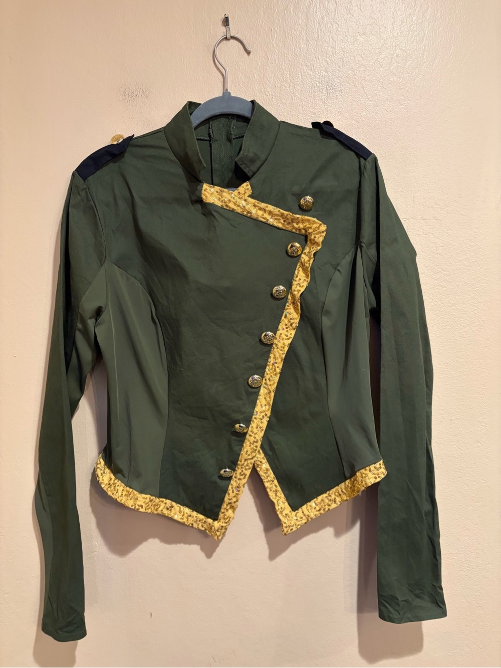 Olive Green Military-Style Jacket w/ Gold Sequin Trim & Buttons, Nylon Panels